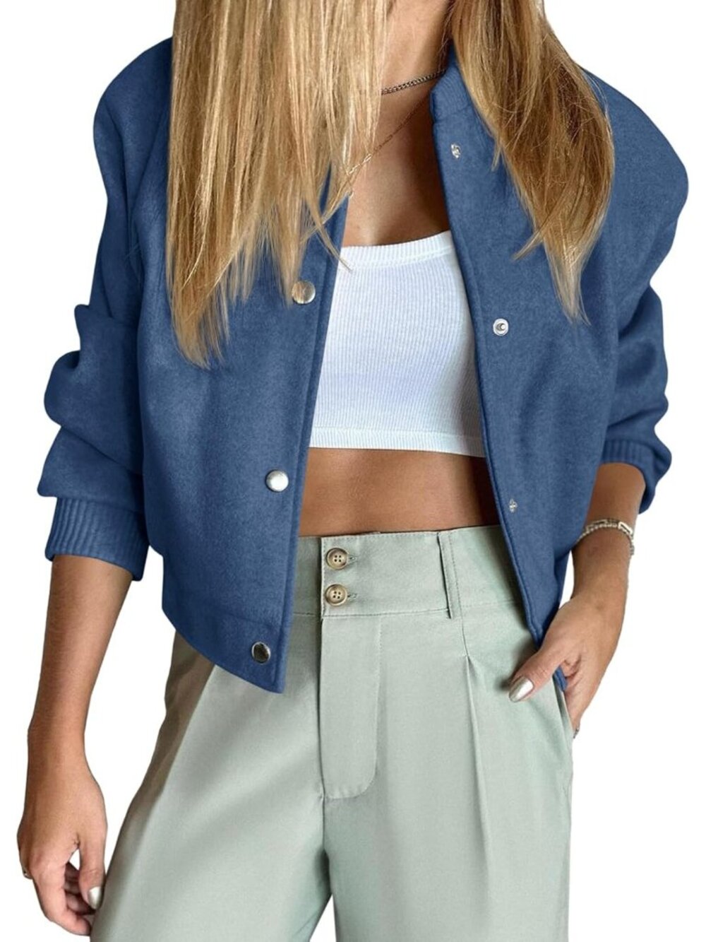 Women's Blue Wool Blend Cropped Varsity Short Button Down Pea Bomber Jacket